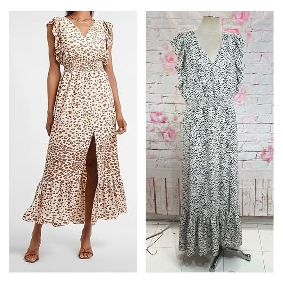 Express Dresses & Skirts - Express Women's V-neck Ruffled Trim High Slit Maxi Dress Black/White Size XL